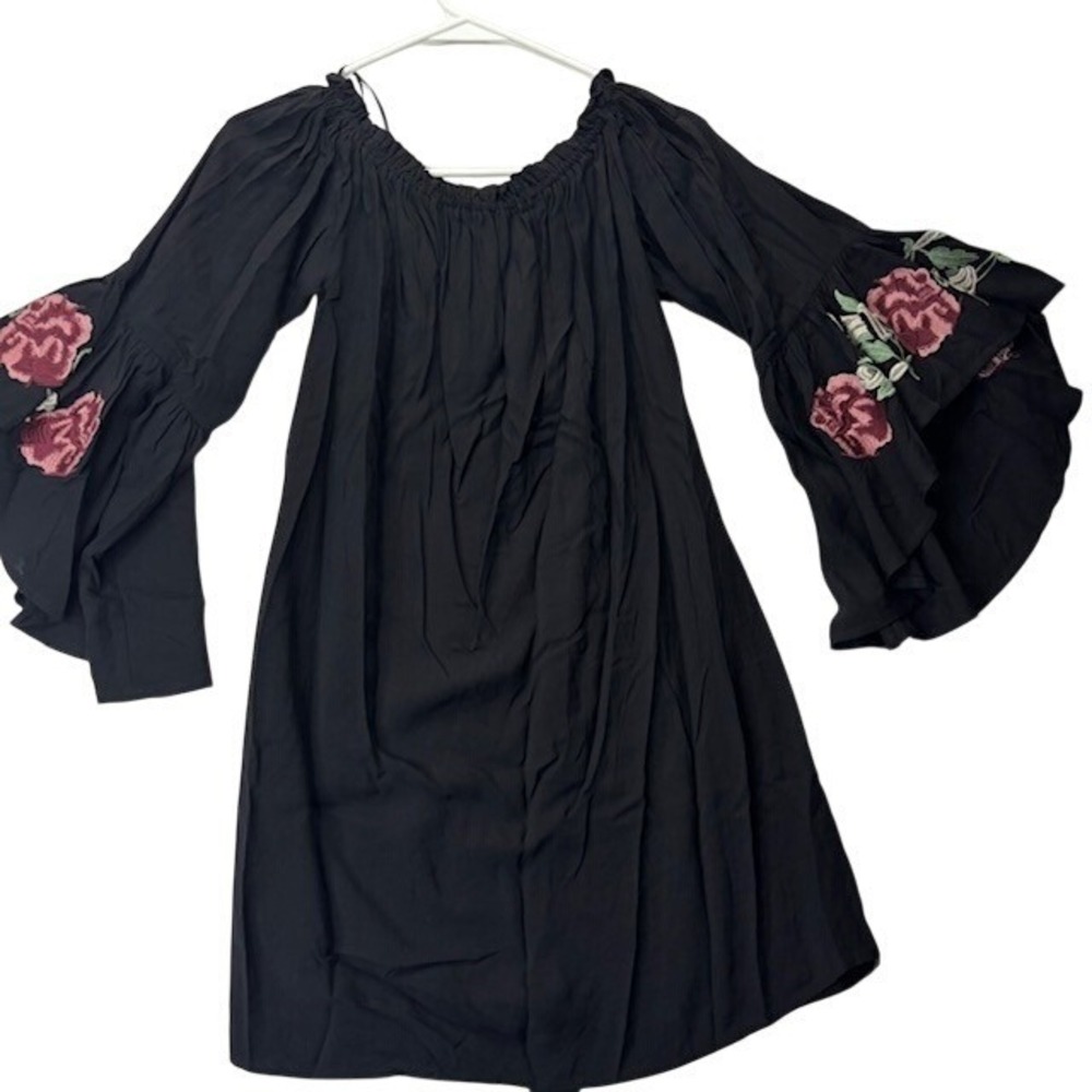 Blue Rain Women's Black Boho Peasant Dress XS Off Shoulder Bell Sleeve Embroided - Picture 9 of 11